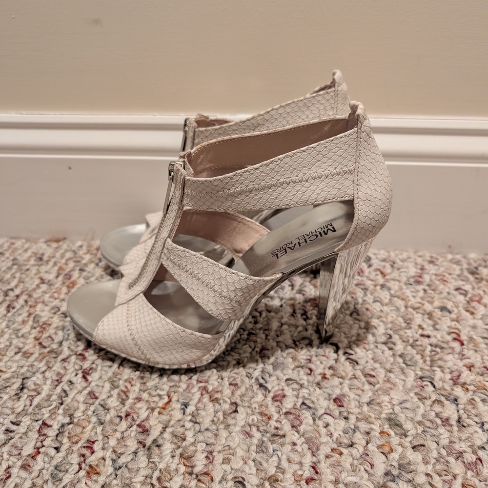 MICHAEL Michael Kors Snake Print Heels in Cream and Silver